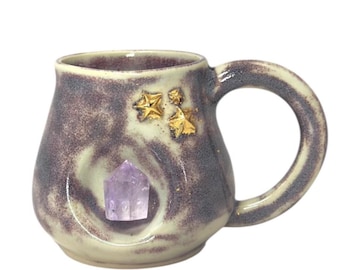 Handcrafted Amethyst Point Mug – Crystal Garden Design, Gold Stars, Gold Leaf Detailing