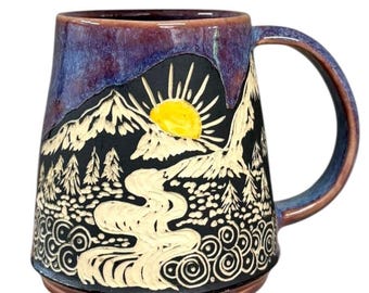 Sunset  Mug – Mountain Landscape Ceramic Mug – River Sunrise Coffee Cup – Handmade Nature Pottery