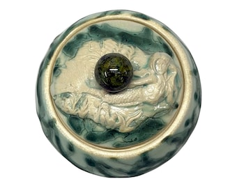 Handmade Mermaid Trinket Box with Bloodstine Sphere | Ceramic Jewelry Box
