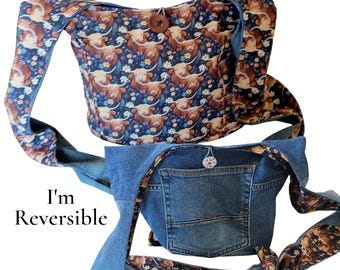 Reversible Hobo Bag Using Upcycled Jeans - Highland Cows