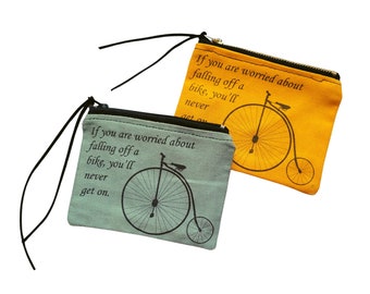 Sturdy Lined Canvas Coin Purse with Graphic and Quote Has a Metal Zipper and Leather Pull