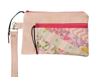 Wristlet with Patchwork Pocket and Quilted Back - Pink