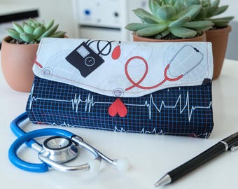 Handmade (NCW) Clutch Wallet with Card Slots, Zippered Pockets, and Cash Pockets - Medical Theme