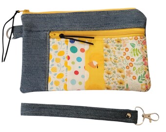Wristlet with Patchwork Pocket and Quilted Back -Denim / Yellow