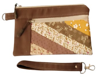 Wristlet with Patchwork Pocket and Quilted Back - Brown