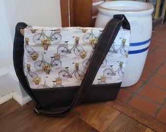 Medium Size Tote Style Shoulder / Crossbody Canvas Bottom Bag - Bike
