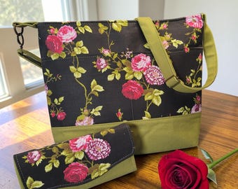 Tote Style Bag with Matching Clotcg Wallet - Flowers on Black Background