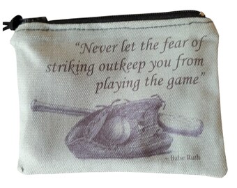 Zippered Canvas Coin Purse with Graphic, Quote and leather pull