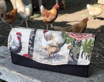 Handmade Clutch Wallet, Farm Chicken Theme, Duck Canvas, Zippered Pockets