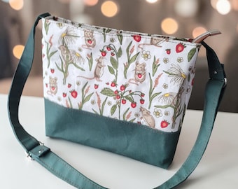 Handmade Mice and Strawberries Crossbody Bag, Adjustable Strap