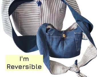 Reversible Hobo Bag Using Upcycled Jeans - Ticking