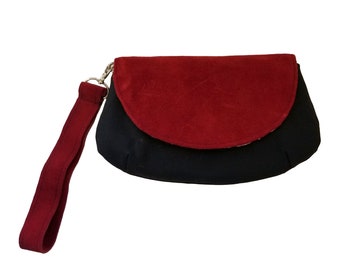 Clutch / Wristlet with Lots of Pockets and Detachable Strap- Black Canvas &   Red Suede