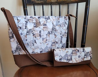 Tote Style Purse with Matching Wallet - Gnomes Brown Bottom and Adjustable Strap