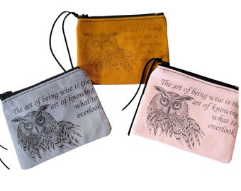 Sturdy Lined Canvas Coin Purse with Zipper and Leather Pull - Owl