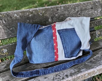 Upcycled Denim Hobo Bag, Two Toned, Snap Close, Interior Zipper and Slip Pockets