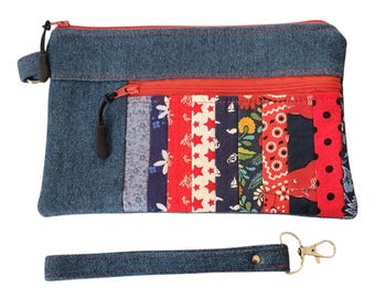 Wristlet with Patchwork Pocket and Quilted Back -Denim / Red Accents