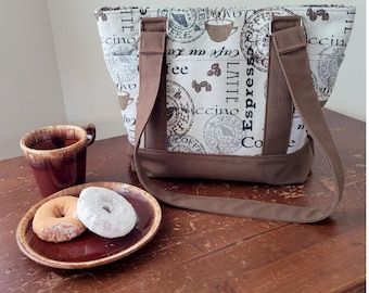Tote Style Shoulder Bag, Canvas with Adjustable Strap - Coffee Themed