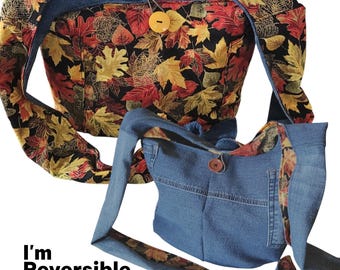 Reversible Hobo Bag Using Upcycled Jeans - Autumn Leaves