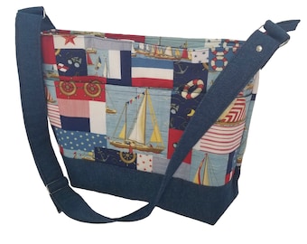 Tote Bag with Zipper Closure, Outside Pocket and Adjustable Strap- Denim / Natical