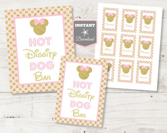 INSTANT DOWNLOAD Pink & Gold Glitter Mouse Printable 5x7 and 8x10 Hot Diggity Dog Party Sign / Glitter Mouse Collection / Item #2003