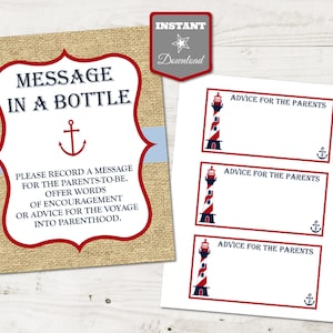 INSTANT DOWNLOAD Nautical Printable 8x10 Message in a Bottle Sign and Advice for Parents Slips / Nautical Boy Collection / Item 636 image 1