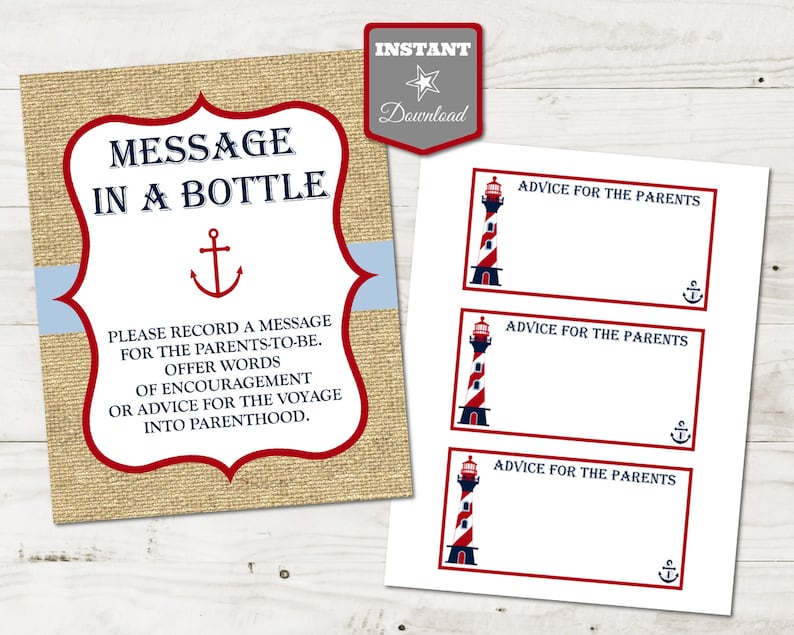 INSTANT DOWNLOAD Nautical Printable 8x10 Message in a Bottle Sign and Advice for Parents Slips / Nautical Boy Collection / Item 636 image 1