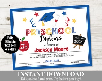INSTANT DOWNLOAD Printable Preschool Graduation Red Yellow Blue Diploma / Certificate / Editable - You Type / School Printables / Item #3982