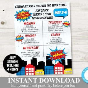 INSTANT DOWNLOAD Editable 8.5x11 Superhero Teacher Appreciation Week Sign / Staff Appreciation / PTO /School / Item #835