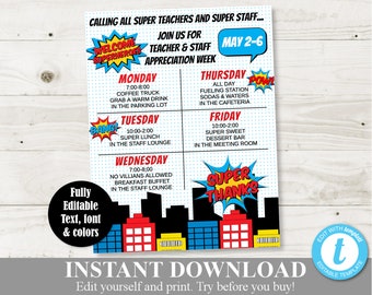 INSTANT DOWNLOAD Editable 8.5x11 Superhero Teacher Appreciation Week Sign / Staff Appreciation / PTO /School / Item #835