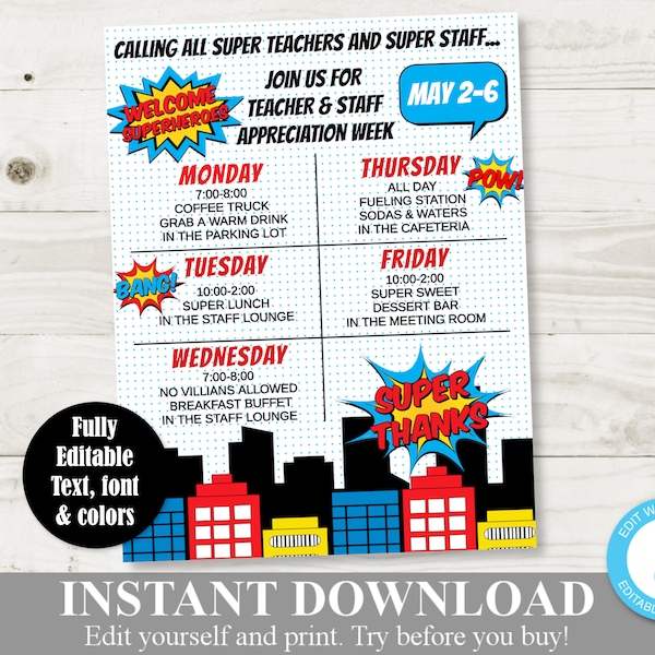 INSTANT DOWNLOAD Editable 8.5x11 Superhero Teacher Appreciation Week Sign / Staff Appreciation / PTO /School / Item #835