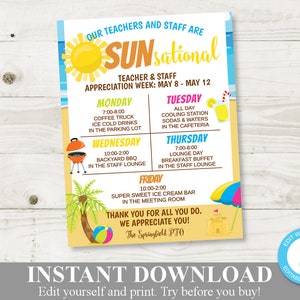 INSTANT DOWNLOAD Editable 8.5x11 Sunsational Beach Summer Teacher Appreciation Week Sign / Staff Appreciation / PTO /School / Item #802