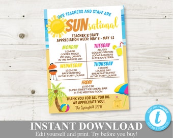 INSTANT DOWNLOAD Editable 8.5x11 Sunsational Beach Summer Teacher Appreciation Week Sign / Staff Appreciation / PTO /School / Item #802
