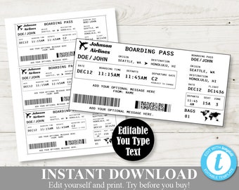 INSTANT DOWNLOAD Editable 7"x3.25" Printable Boarding Pass Certificate / Airline Ticket / You Type Text / Editable / Gifts / Item #1302