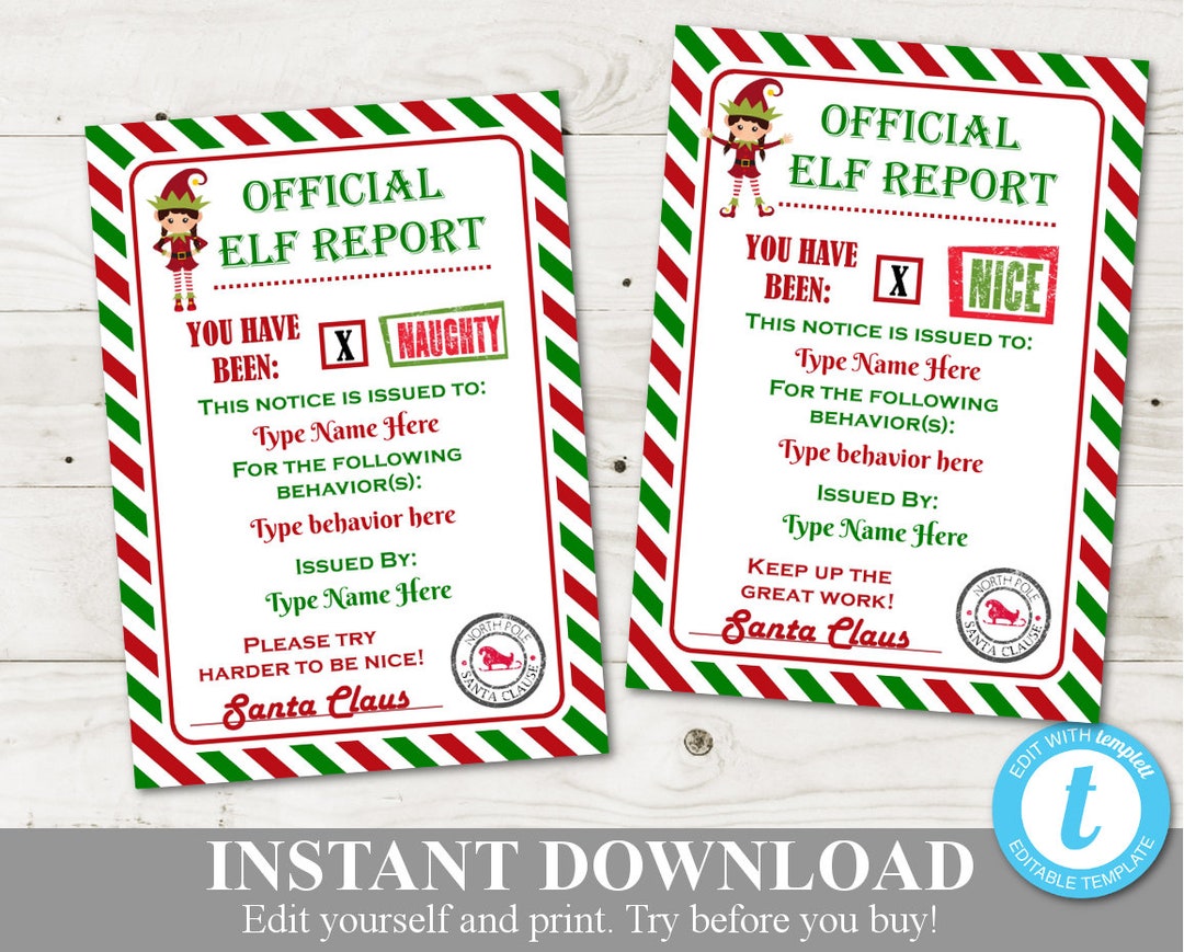 INSTANT DOWNLOAD Printable Girl Elf 5x7 Naughty and Nice Reports ...
