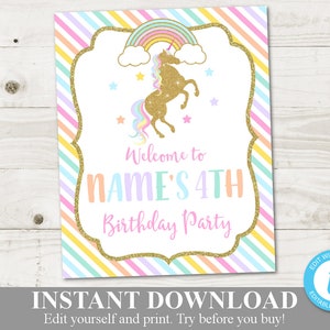 INSTANT DOWNLOAD Unicorn Printable Editable 8x10 Welcome Sign / You type name / Birthday / Glitter Unicorn Collection / Item 3504 image 1