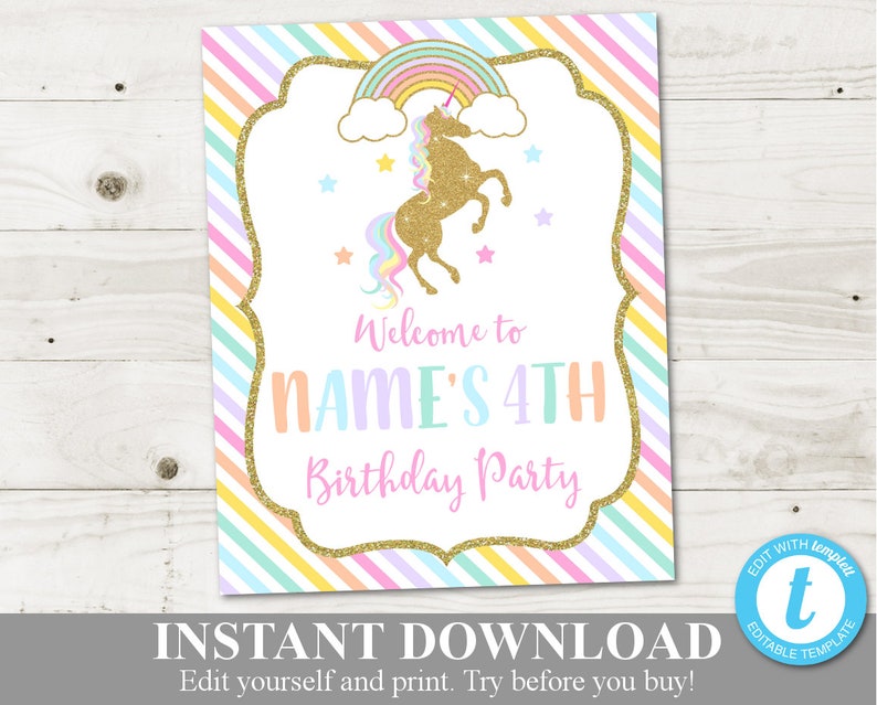 INSTANT DOWNLOAD Unicorn Printable Editable 8x10 Welcome Sign / You type name / Birthday / Glitter Unicorn Collection / Item 3504 image 1