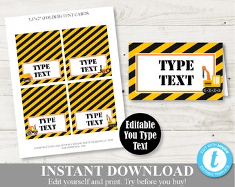 INSTANT DOWNLOAD Printable Construction Trucks Folding Tent or Place Cards /You Type Text / Train Collection / Construction Collection #3705