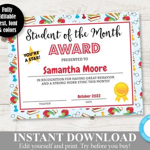 INSTANT DOWNLOAD Printable 8.5x11 Student of the Month Classroom Awards / Certificate / Editable - You  Type / School / Item #838