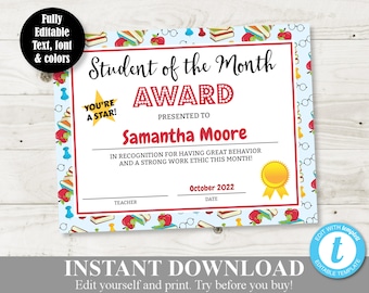 INSTANT DOWNLOAD Printable 8.5x11 Student of the Month Classroom Awards / Certificate / Editable - You  Type / School / Item #838