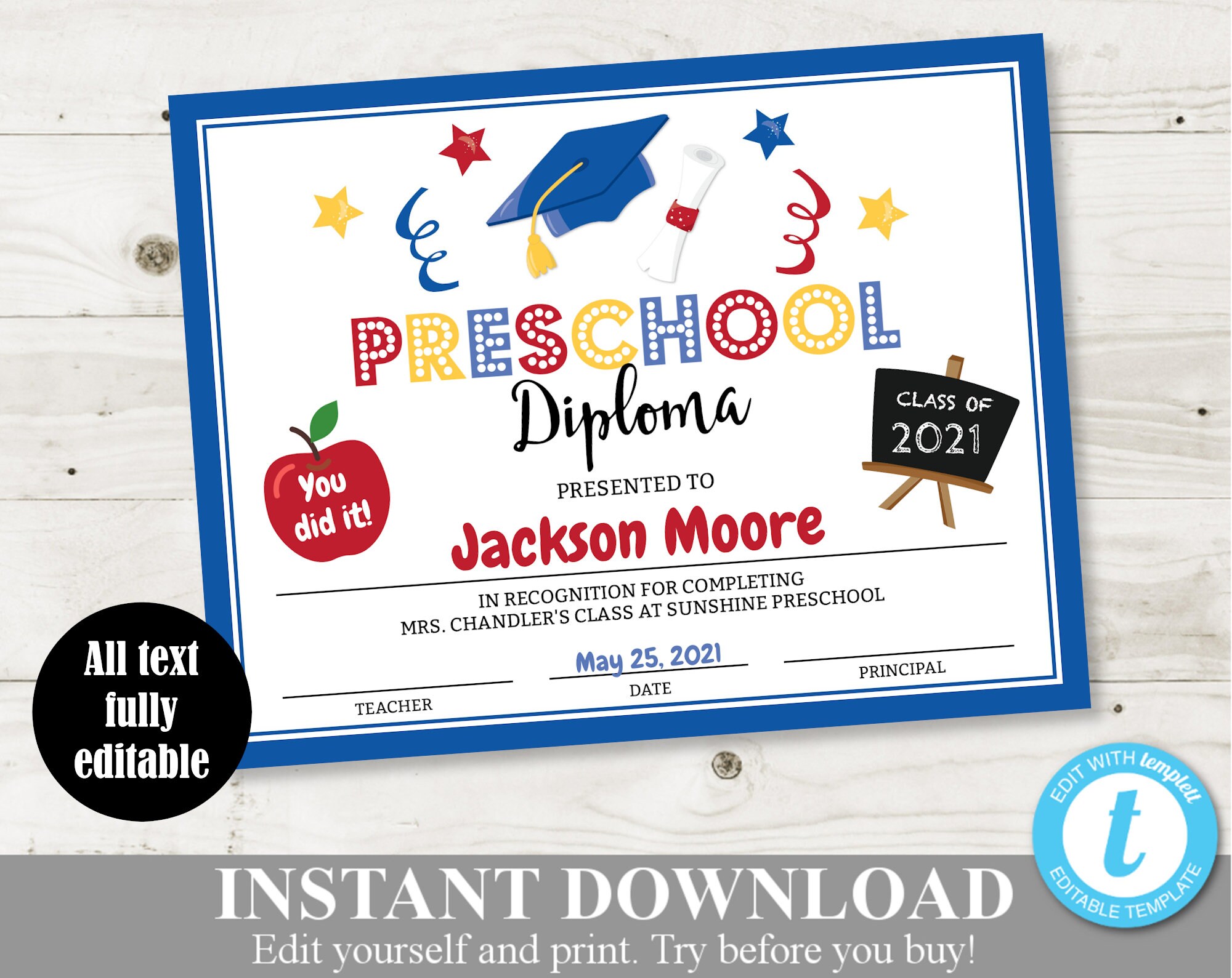 instant download printable preschool graduation diploma etsy