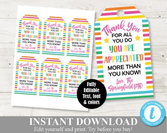 INSTANT DOWNLOAD Editable 2.5"x4" Thank You For All You Do Tags / Teacher Appreciation / PTO / School / Item #831