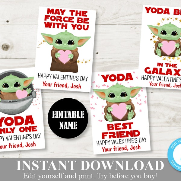 INSTANT DOWNLOAD Yoda 3.5"x5" Valentine's Cards / Editable - You Type Name / Class Valentine's  / Valentine's Shop / Item #3604