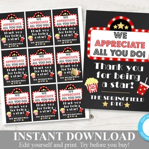 INSTANT DOWNLOAD Editable 2.5&quot;x3.5&quot; Movie Thank You Star Tags / Starbursts / Teacher Appreciation / PTO / School / Item #845