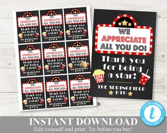 INSTANT DOWNLOAD Editable 2.5"x3.5" Movie Thank You Star Tags / Starbursts / Teacher Appreciation / PTO / School / Item #845