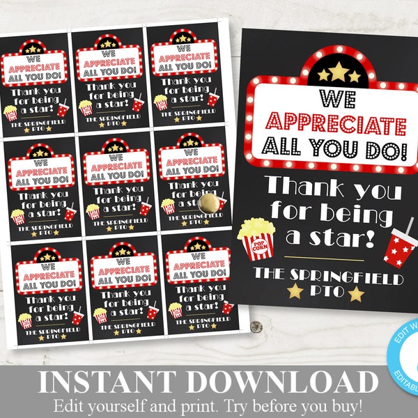 INSTANT DOWNLOAD Editable 2.5"x3.5" Movie Thank You Star Tags / Starbursts / Teacher Appreciation / PTO / School / Item #845