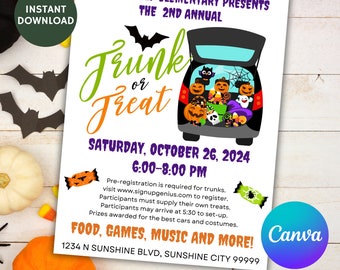Printable Trunk or Treat Halloween Flyer , PTO, PTA, School, Church, Editable Canva Template, Halloween Collection, Item #2912