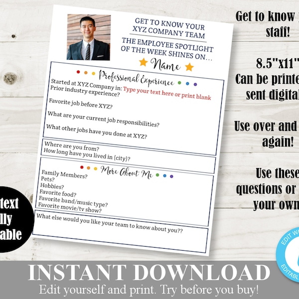 INSTANT DOWNLOAD Employee Spotlight Questionnaire / All About Me / Editable You Type Template / Work Printables / Item #1304