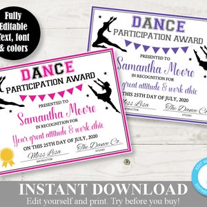 Puede incluir: Dos certificados de participación en danza imprimibles con bordes rosa y morado. Los certificados presentan una silueta de una bailarina y el texto "Dance Participation Award".