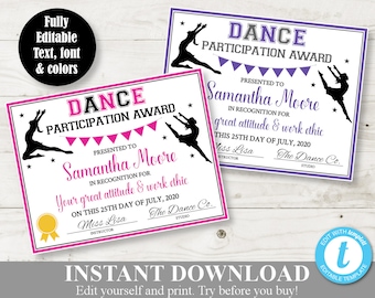 INSTANT DOWNLOAD Printable Dance 8.5x11 Certificate / Award / Sport Award / Editable - You  Type / Item #303