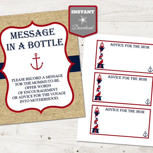 INSTANT DOWNLOAD Nautical 8x10 Printable Message in a Bottle Sign and Slips / Baby Shower / Nautical Boy Collection / Item #637